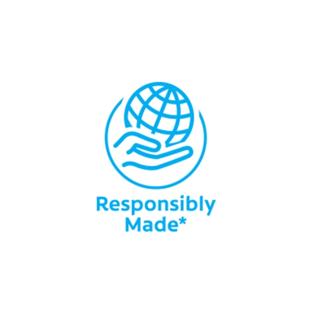 Blaues „Responsibly Made“-Umweltzeichen mit dem Symbol einer Hand, die den Planeten Erde auf weißem Hintergrund hält, für nachhaltige Produkte.